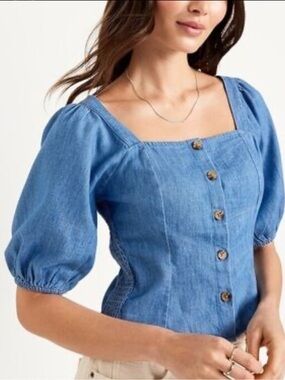 Old Navy Puff Sleeve Denim Blue Button Down Peasant Milk Maid Top XS Tall 4-6, S